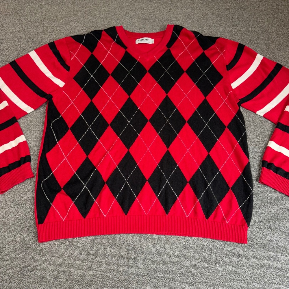 Lavane New York Mens XXL Argyle V-Neck Sweater Red Black White Cotton Blend